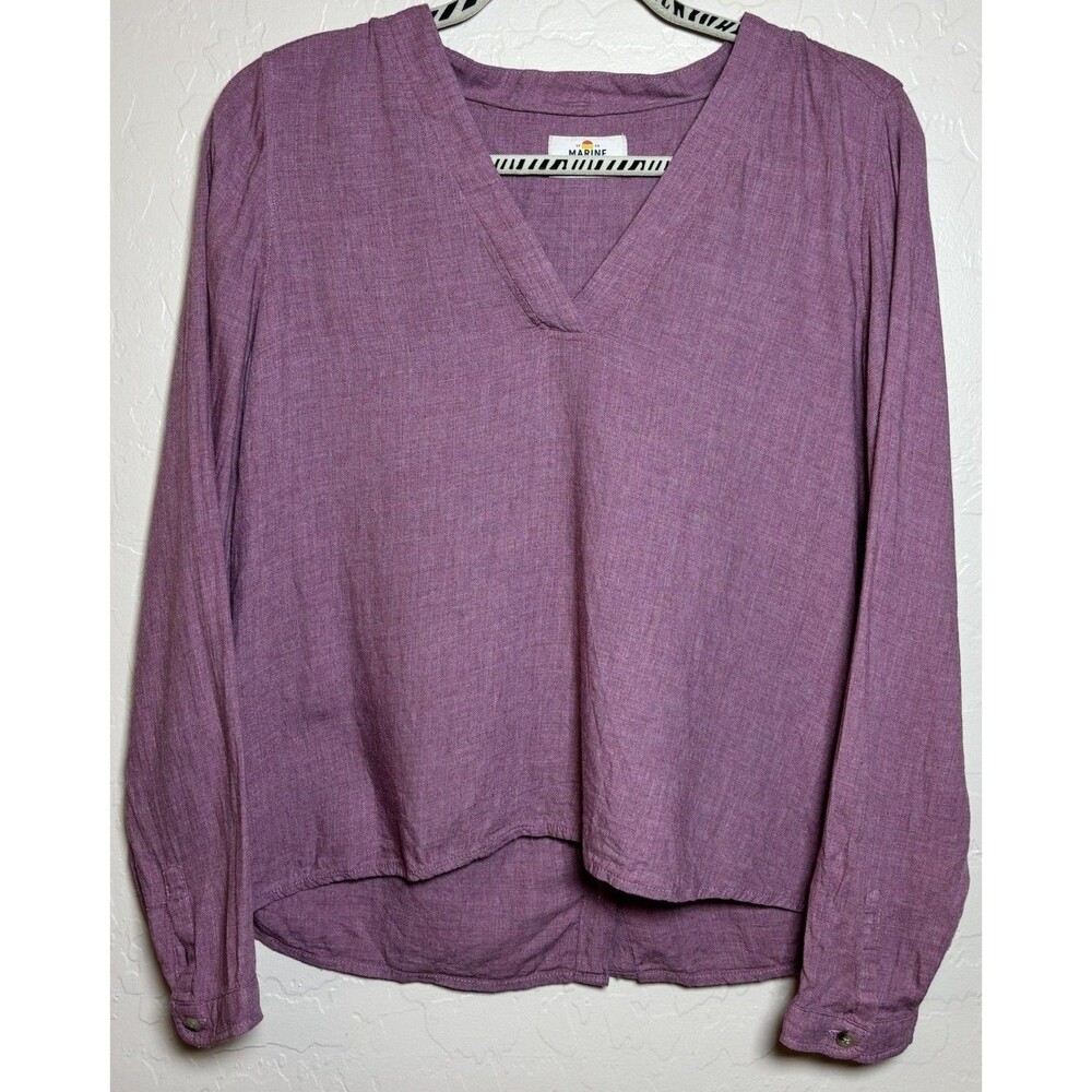 Marine Layer Womens Small V-Neck Blouse Long Sleeve Button Back High Low